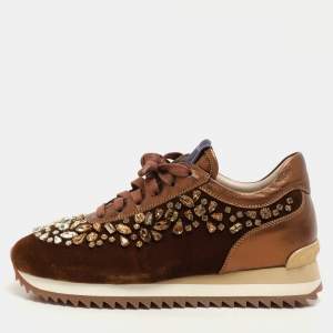 Le Silla Bronze Leather and Velvet Crystal Embellished Low Top Sneakers Size 36
