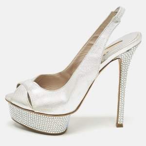 Le Silla Metallic Silver Leather Crystal Embellished Platform Slingback Sandals Size 36