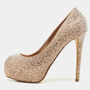 Le Silla Metallic Beige Satin Crystal Embellished Peep Toe Platform Pumps Size 37