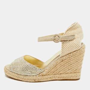 Pre Owned Le Silla Gold Leather and Suede Crystal Embellished Espadrille Wedge Sandals Size 38