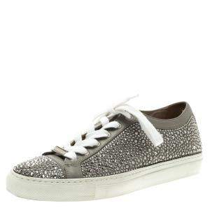 Pre Owned Le Silla Grey Crystal Embellished Leather Lace Up Sneakers Size 36