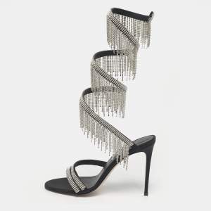 Pre Owned Le Silla Black Satin Crystal Embellished Jewels Ankle Wrap Sandals Size 39