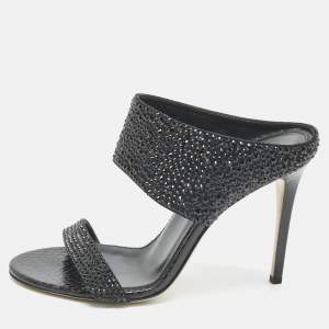 مملوكة مسبقًا Le Silla Black Snakeskin Embossed Leather and Suede Crystal Embellished Slide Sandals Size 37.5