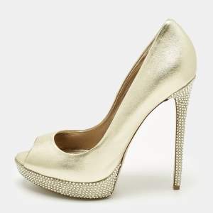 Pre Owned Le Silla Gold Leather Crystal Embellished Platform Pumps Size 41