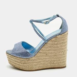 Pre Owned Le Silla Blue Suede Crystal Embellish Espadrille Wedge Sandals Size 36.5