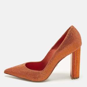 Pre Owned Le Silla Size 39 Orange Crystals and Suede Pointed Toe Pumps