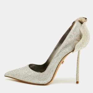 Pre Owned Le Silla Deco Petalo Size 39 Silver Glitter Crystal Embellishment Pointed Toe Pumps