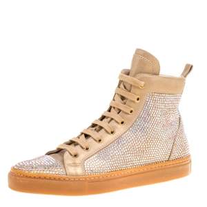 Le Silla Beige Crystal Embellished Leather High Top Sneakers Size 37