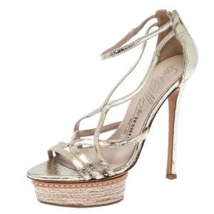 Le Silla Metallic Gold Python Embossed Leather Strappy Platform Sandals Size 36