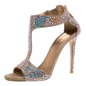 Le Silla Gold Crystal Embellished Nubuck T-Bar Peep Toe Sandals Size 40