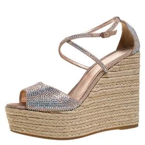 Le Silla Pink Crystal Embellished Suede Leather Espadrille Wedge Platform Ankle Strap Sandals Size 40.5
