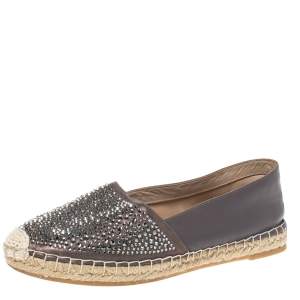 Le Silla Grey Leather Crystal Embellished Espadrille Flats Size 38