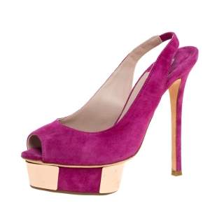 Le Silla Magenta Suede Slingback Peep Toe Platform Sandals Size 38.5