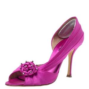 Le Silla Fuchsia Pink Ruched Satin Embellished D'Orsay Peep Toe Pumps Size 38