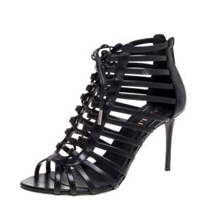 Le Silla Black Leather Cage  Ankle Lace Up Sandals Size 37.5