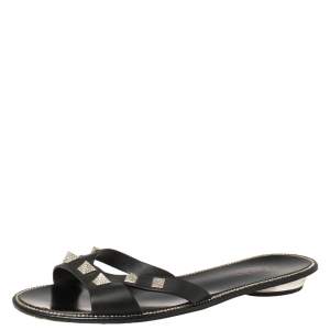Le Silla Black Leather Studded Flat Slide Sandals Size 40