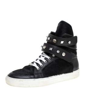 Pre Owned Le Silla Black Calf Hair and Leather Crystal Embellished High Top Sneakers Size 40
