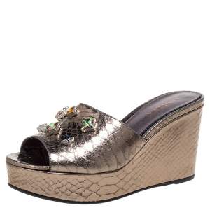  Le Silla Metallic Gold Python Effect Leather Crystal Embellished Wedge Platforms Size 39