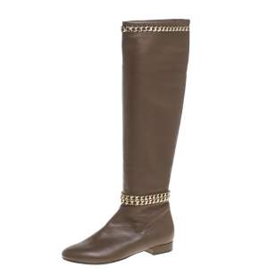 Le Silla Brown Leather Chain Detail Knee High Boots Size 37