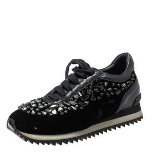 Le Silla Black Velvet and Leather Crystal Embellished Low Top  Sneakers Size 36.5
