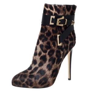 Le Silla Brown/Beige Leopard Printed Calf Hair Ankle Boots Size 38.5