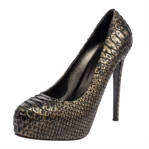 Le Silla Dark Green/Gold Python Leather Platform Pumps  Size 39