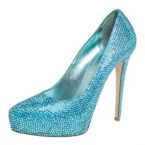 Le Silla Metallic Blue Crystal Embellished Leather Peep Toe Platform Pumps Size 37