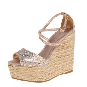 Le Silla Pink Crystal Embellished Suede Espadrille Wedge Platform Ankle Strap Sandals Size 35.5