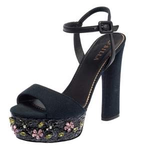 Le Silla Black Canvas Embellished Ankle Strap  Sandals Size 38.5