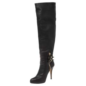 Le Silla Black Leather Over The Knee Buckle Detail Platform Boots Size 38.5