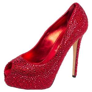 Pre Owned Le Silla Metallic Red Suede Crystal Embellished  Peep Toe Platform Pumps Size 38