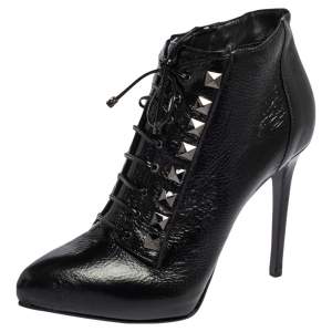 Le Silla Black Crinkled Patent Leather Lace Up Studded Ankle Booties Size 39