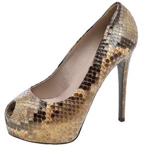 Le Silla Brown/Beige Python Peep Toe Platform Pumps Size 36