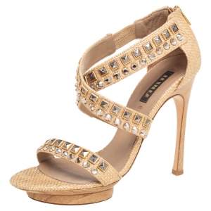 Le Silla Cream Woven Raffia Crystal Embellished Cross Strap Sandals Size 38