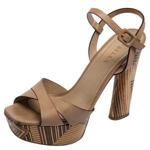 Le Silla Beige Leather Cross Strap Platform Sandals Size 39