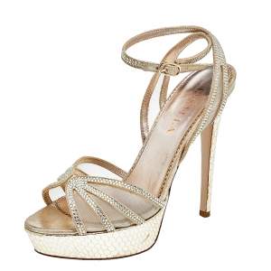 Le Silla Gold Suede And Mesh Crystal Embellished Platform Strappy Sandals Size 37