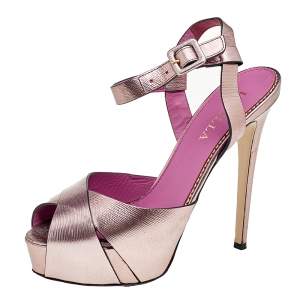 Le Silla Metallic Rose Gold Leather Criss Cross Platform Ankle Strap Sandals Size 38