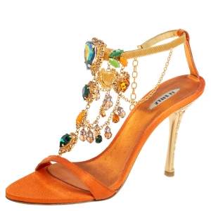 Le Silla Orange Satin Crystal Embellished Ankle Strap Sandals Size 36.5 