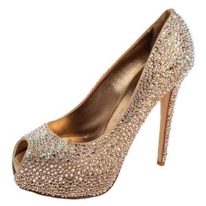 Le Silla Gold Crystal Embellished Satin Peep-Toe Platform Pumps Size 38