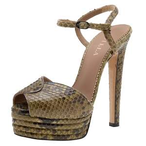 Le Silla Green Python Ankle Strap Platform Sandals Size 37