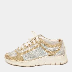 Le Silla White Leather And Fabric  Crystal Embellished Low Top Sneakers Size 37