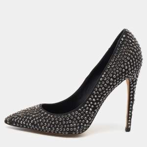 Le Silla Black Leather Crystal Embellished Pointed Toe Pumps Size 38