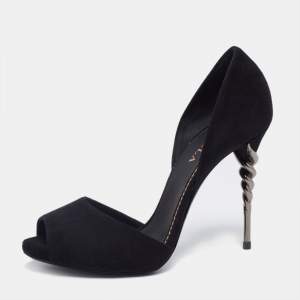 Le Silla Black Suede Peep-Toe Spiral Heel Pumps Size 38