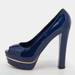 Le Silla Blue Patent Leather Platform Peep Toe Pumps Size 37.5