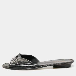 Le Silla Black Snakeskin Embossed and Leather Butterfly Embellished Slide Sandals Size 37