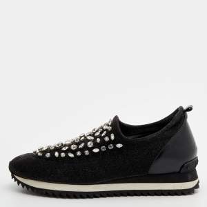 Le Silla Black Lurex Fabric And Leather Crystal Embellished Slip On Sneakers Size 40