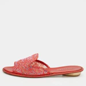 Le Silla Orange Lace Crystal Embellished Flat Slides Size 41