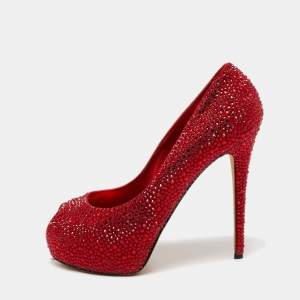 Le Silla Red Crystal Embellished Suede Peep Toe Platform Pumps Size 39