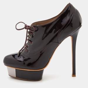 Le Silla Dark Brown Patent Leather Lace Up Oxford Platform Booties Size 38