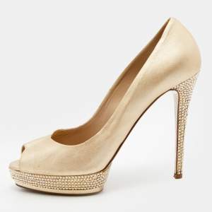 Le Silla Gold Leather Crystal Embellished Platform Peep Toe Pumps Size 38.5